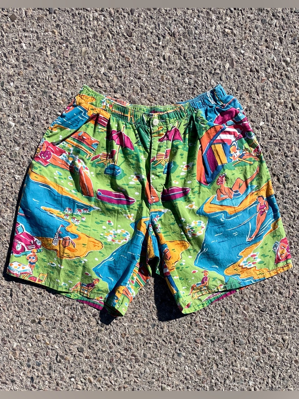 Vtg 90s Polo Ralph Lauren Beach Scene Print Shorts Made in USA Size 34 Waist:29”